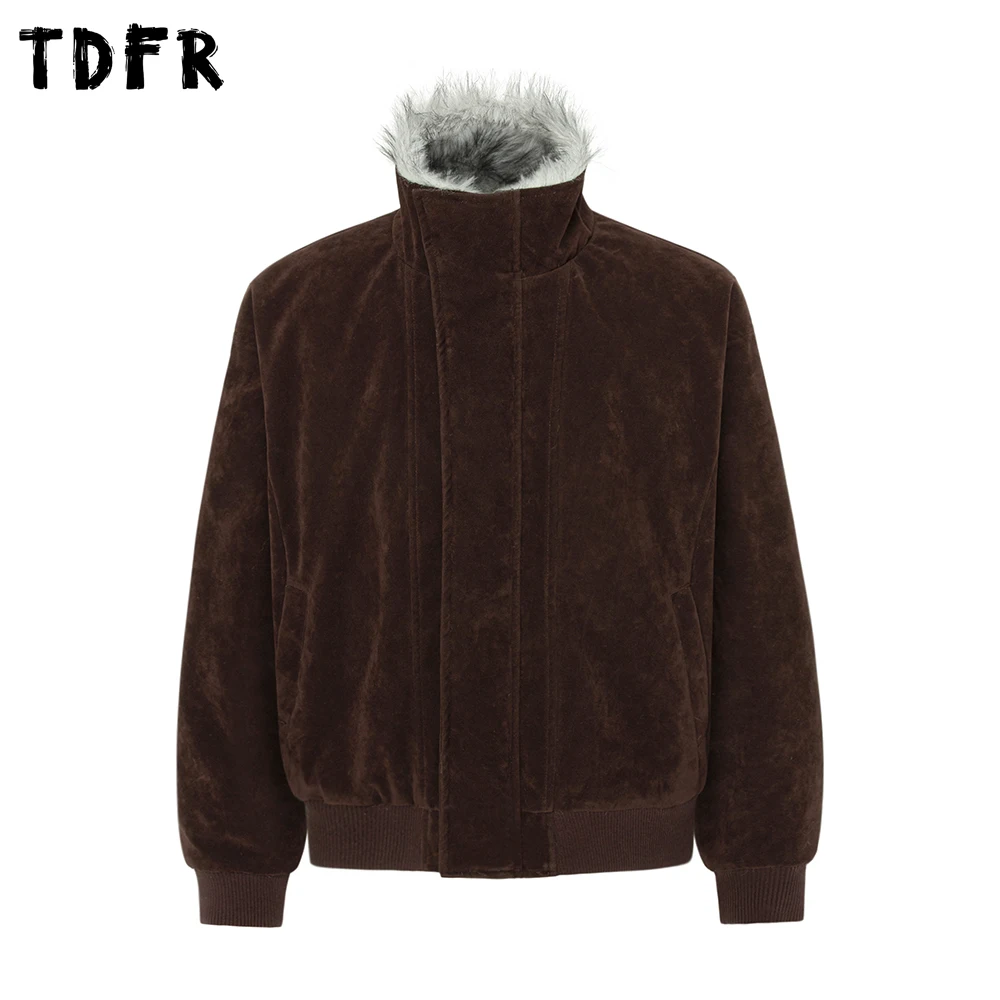 

Stand Collar Suede Jacket Mens Solid Color Winter Retro Casual Fur Collar Long Sleeve Thick Outerwear Man