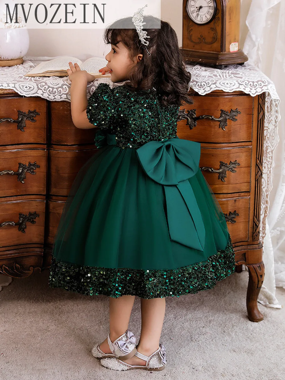 Mvozein-vestido de lentejuelas de lujo para niña, vestido de fiesta de cumpleaños con manga de casquillo, de princesa verde, 2023