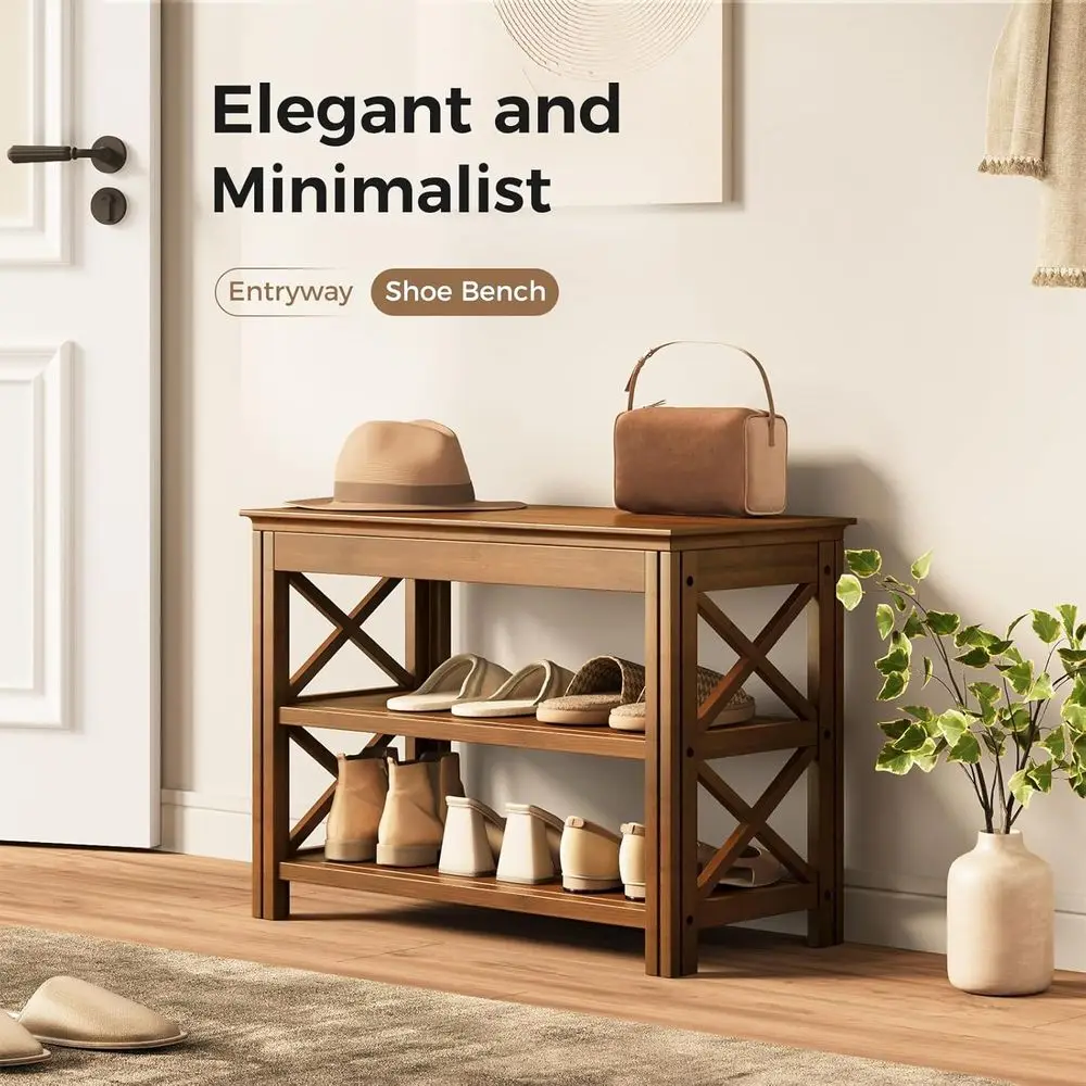 مقعد رف أحذية من الخيزران مكون من 3 طبقات، مساحة تخزين ريفية، بني X، 23.6 بوصة #3