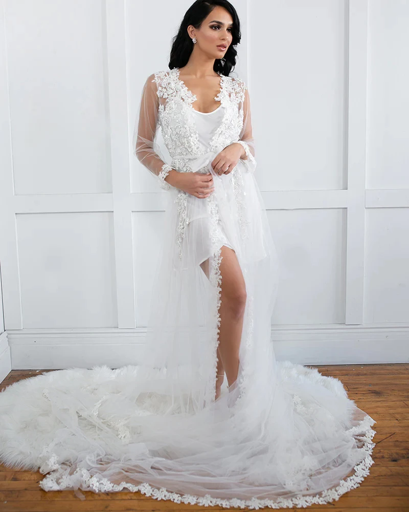 Luxury Lace Bride Robe And Nightgown Tulle Bridal Gowns Photo shoot Maternity Dressing Gown for Photography