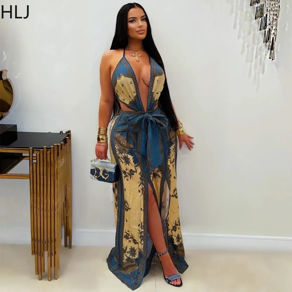 HLJ Boho Retro Pattern Printing Halter Neck Jumpsuit Women Deep V Cut Out Waist Bow Split Wide Leg Long Romper Club Holidays New