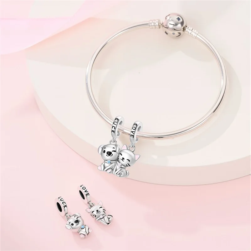 925 Sterling Silver Cat Dog Combination Magnetic Charms Bead Shining CZ Zircon Dangle Fit Original Bracelet DIY Women Jewelry