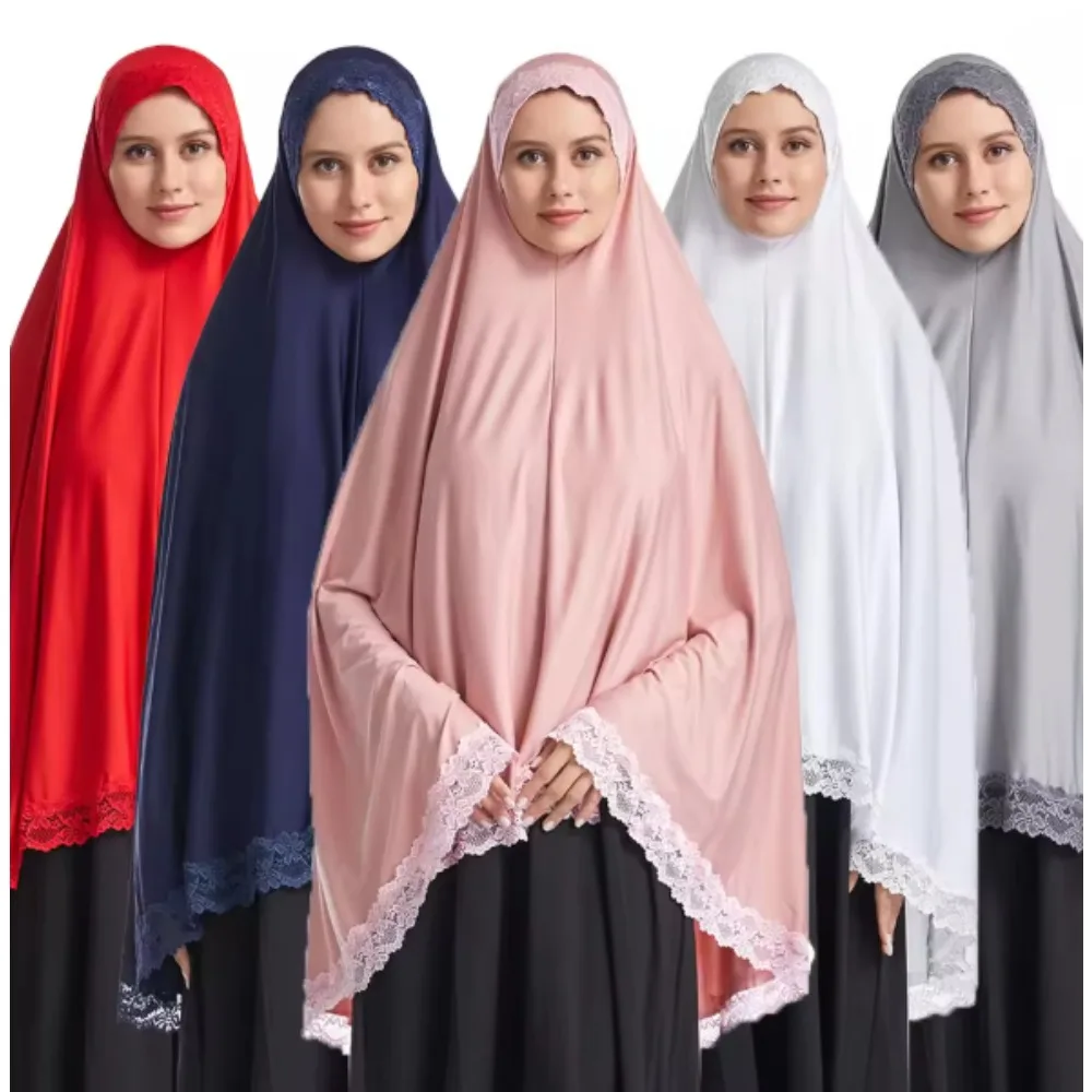 

Solid Color Long Headscarf Lace Trim Islamic Prayer Turban Hijab Shawl Women Modest Elegant Comfort