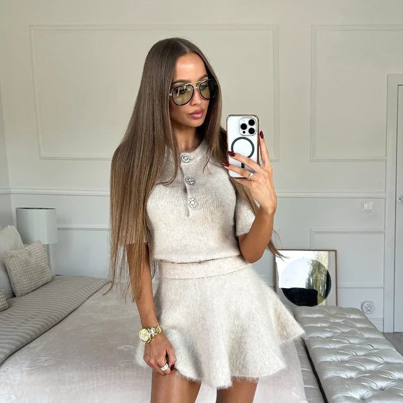 Chic Elegant Knitted Top Half Sleeve Slim Solid Mini Skirt Sets O Neck Button 2 Piece Female Suits 2024 New Lady Top Skirt Suits