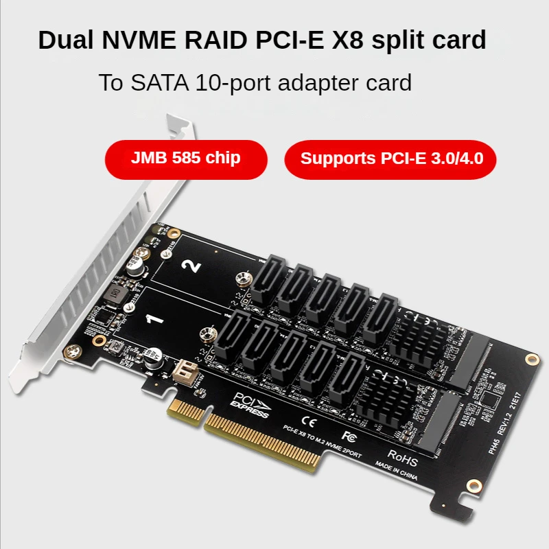 Imagem -02 - Dual M.2 Nvme Raid Pci-e x8 Cartão Dividido para 3.0 Sata 10-port Placa de Adaptador de Expansão Riser m2 Pcie 8x Jmb585 Chip Ph45 Mais Ph56