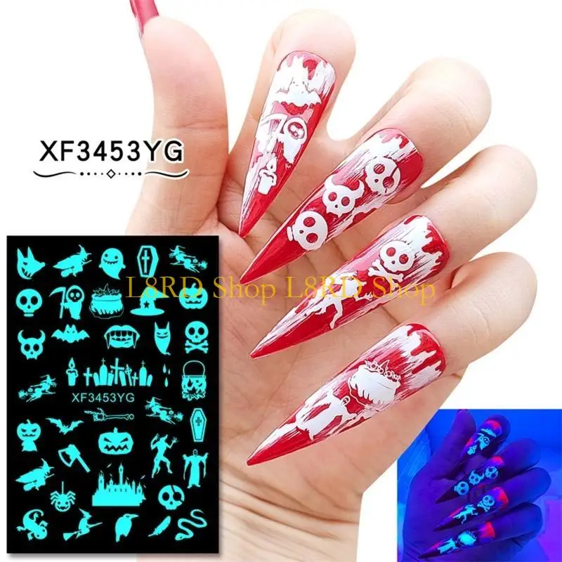 L8RD Adesivo per unghie luminoso Halloween da 12 fogli Adesivi fluorescenti che illuminano buio