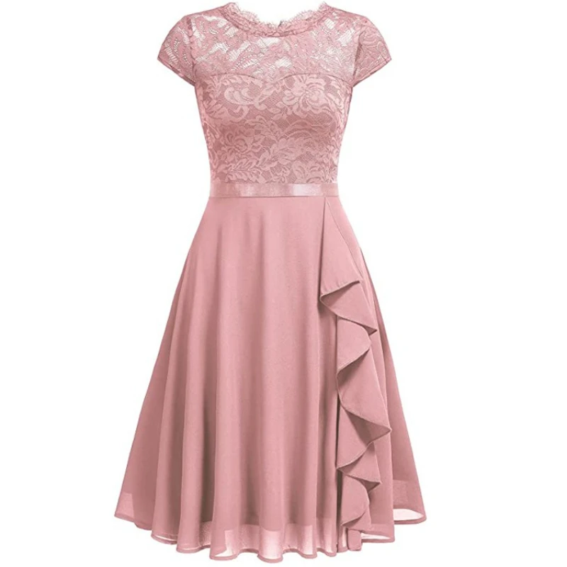 

Mid Length Dress Women Dresses A Line Vestidos High Waist V Neck Short Sleeve Lace Floral Elegant Party Club Y2k Slim Fit 2025