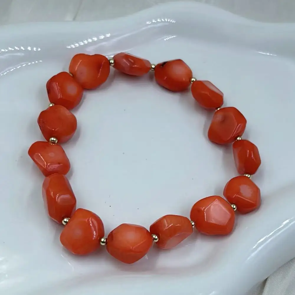 11--13mm 2mm Birthday Gift Women Natural Sea Bamboo Orange Coral Flat Hexagon Beads Jewelry Bracelet