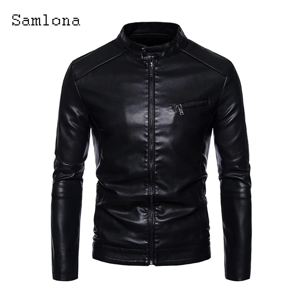 Men's Pu Leather Jackets Mandarin Collar Outerwear Brown Soft Luxury Faux Leather Motorcycle Jacket Men Fashion Zipper Coats New