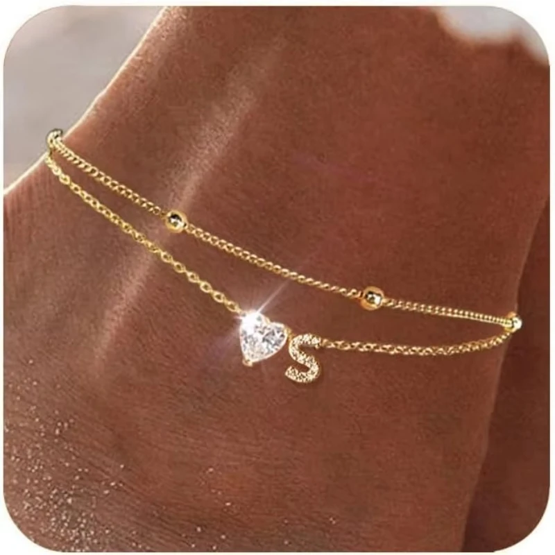 Waterproof CZ Ankle Bracelets for Women 14K Gold Plated CZ Initial Dainty Layered Heart Anklets Foot Chain Summer Beach Jewelry