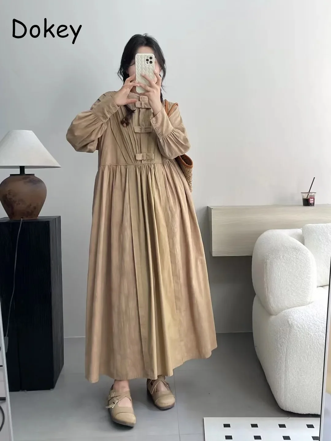 Vestido vintage de linho de algodão plissado manga longa feminino, vestido Kawaii elegante japonês solto de botões, simples e casual, outono