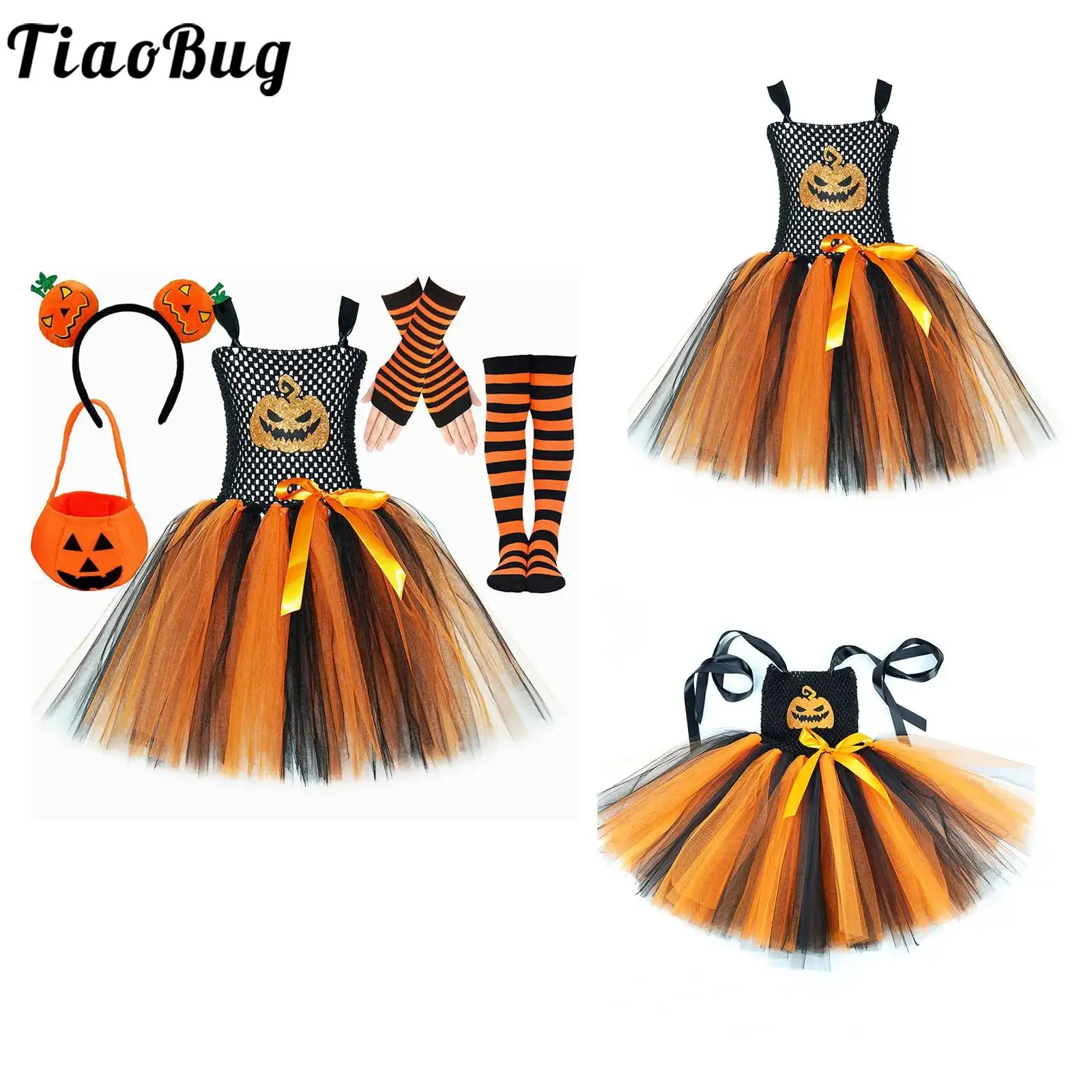 

Костюм ведьмы на Хэллоуин для девочек, костюм тыквы, сетчатое платье-пачка с принтом и обручем для волос, сумка в полоску, перчатки для карнавальной тематической вечеринки