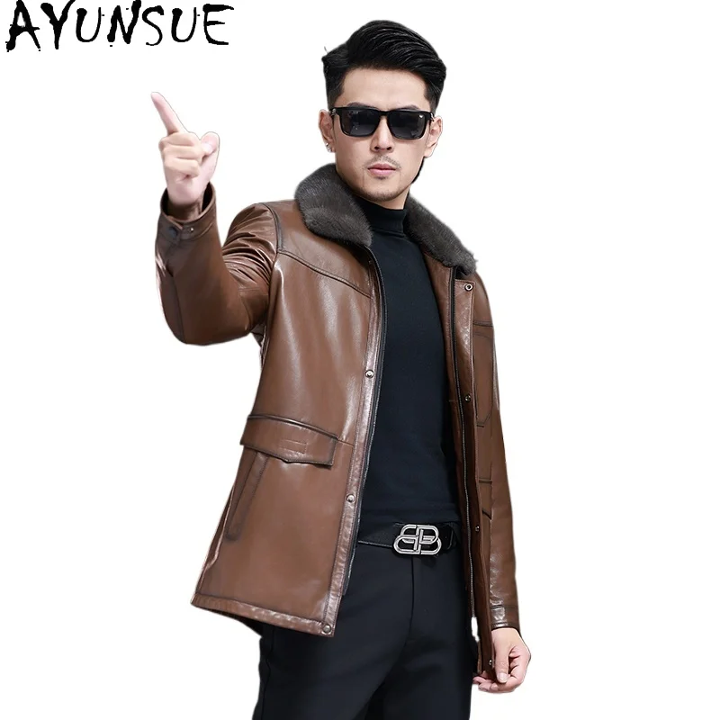 

AYUNSUE, пальто высшего качества из натурального меха, мужская зимняя куртка средней длины из натуральной козьей кожи, мужские пальто с подкладкой из цельного норкового меха, куртки