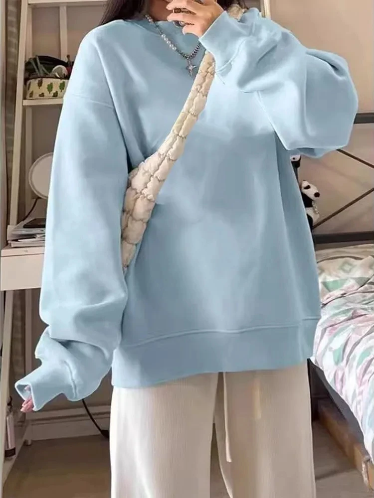 

Тяжелая американская однотонная толстовка с круглым вырезом, женская осенне-зимняя новинка, свободный топ с длинными рукавами в корейском ленивом стиле