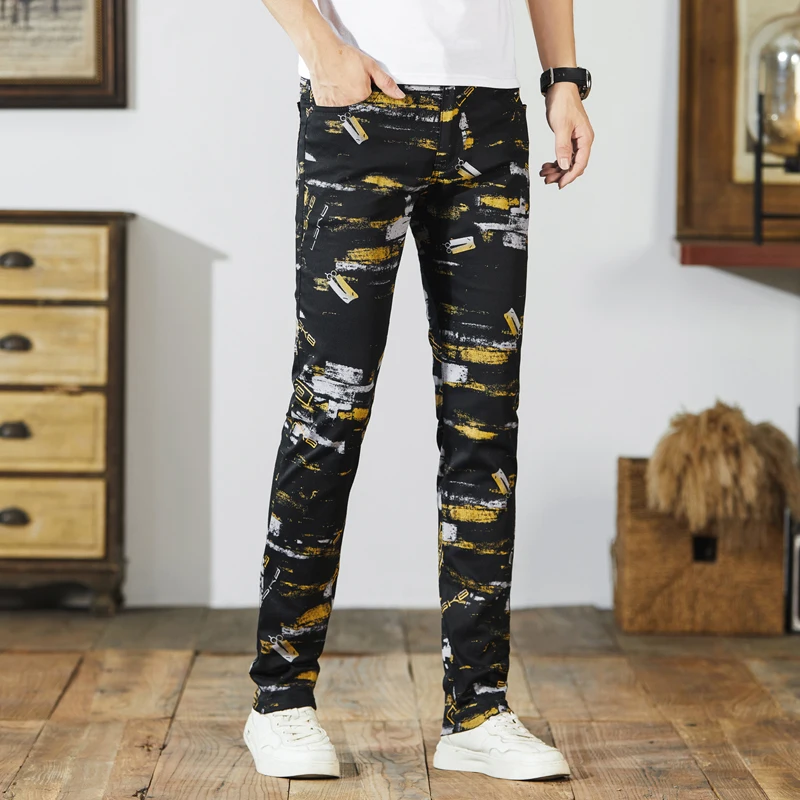 Street unique personality camouflage print men's casual pants Trendy Slim American small straight jeans pants man