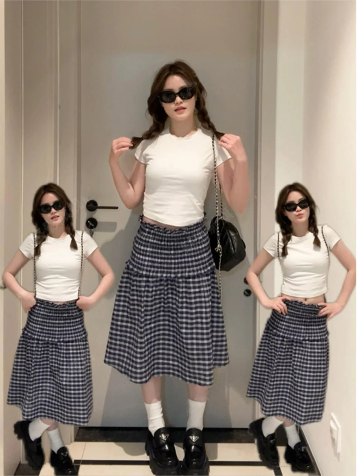 

Синяя клетчатая юбка-полусолнце с одним открытым плечом в стиле ретро, с цветовыми блоками, женская летняя элегантная универсальная юбка-зонтик с открытой спиной