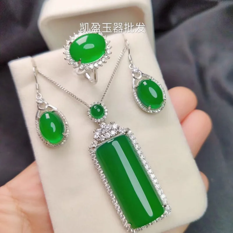 Silver-plated set with ice green chalcedony, including a agate ring, earrings, and jade pendant