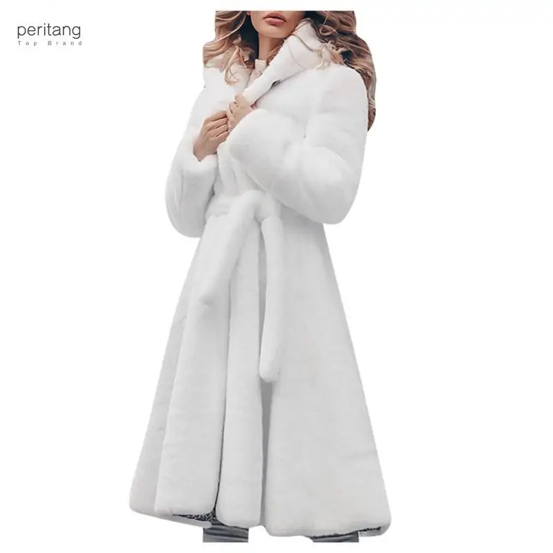 

Faux Fur Coat Long Winter Thicken White Coat Lace-up Solid Color Slim Long Plush Faux Fur Hooded Warm Jacket Fashion