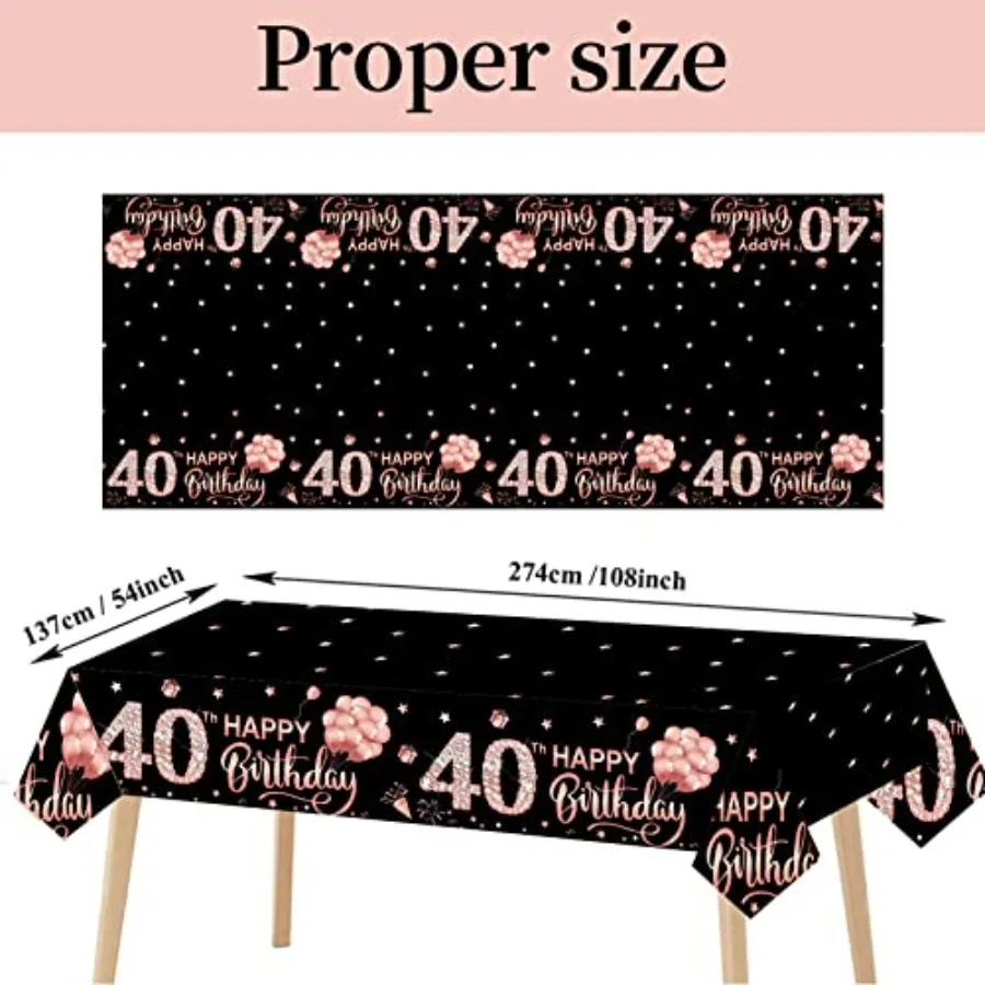 3 Pack Rose Gold 40th Birthday Tablecloth Decorations Plastic Disposable Rectangular Table Cover Party Supplies