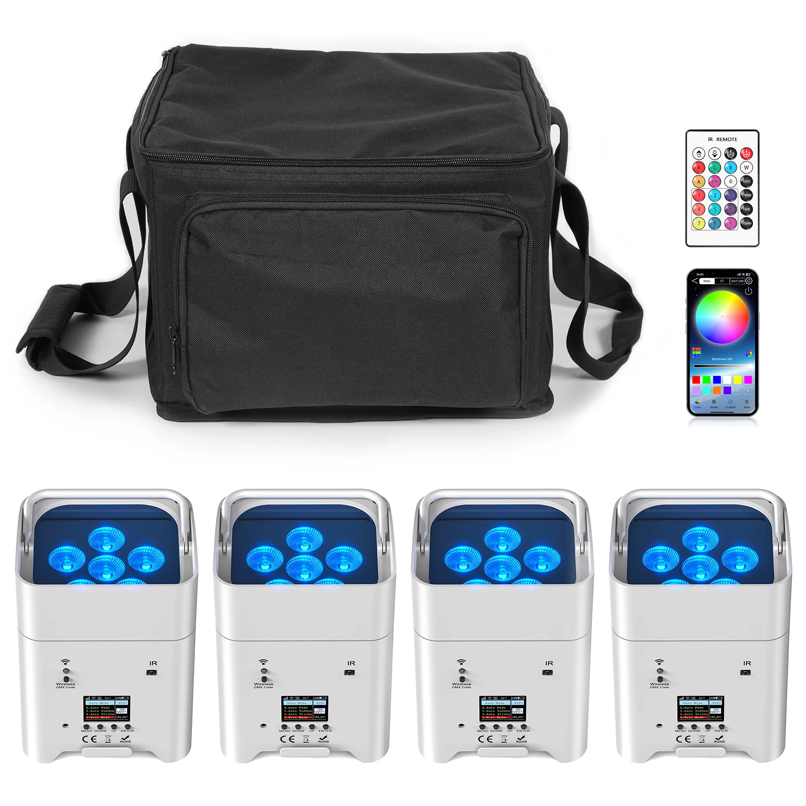 U'King 4 STKS RGBWA + UV LED Par Licht met Zak 6x18 W DMX Podium Licht Oplaadbare Ingebouwde Batterij Draadloos Par Licht Verven Licht