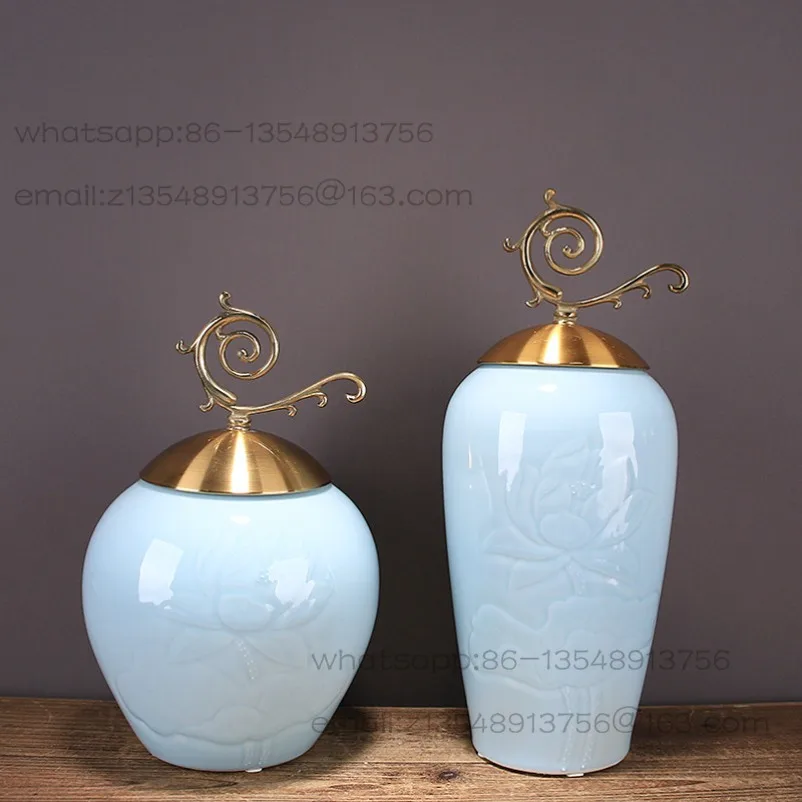 new-chinese-modern-ceramic-bronze-ornaments-bright-glaze-relief-lotus-flower-living-room-entrance-model-room-home-decoration
