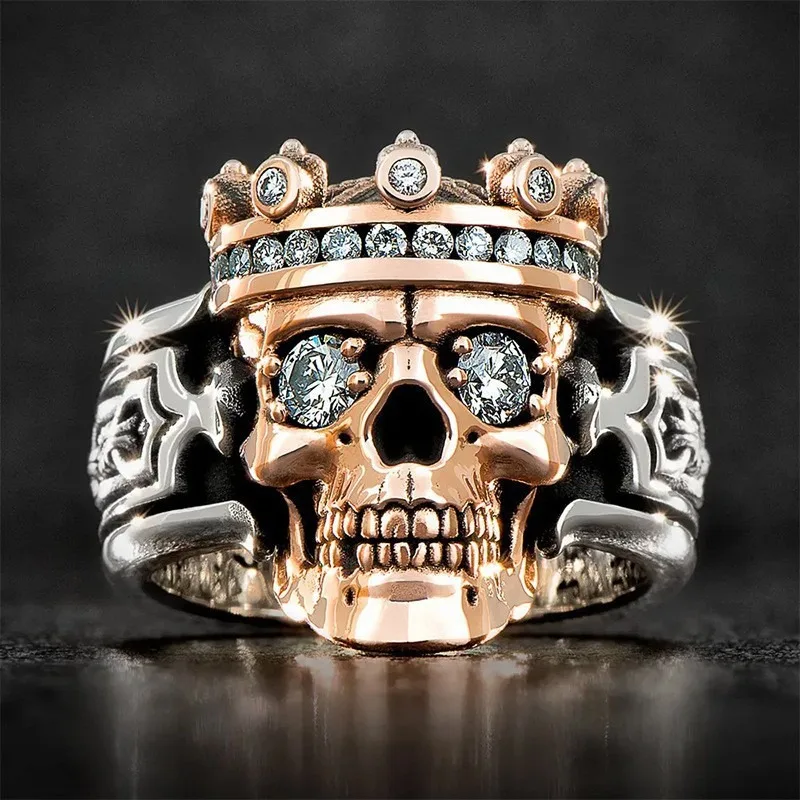 Alloy Mechanical Skull Men's Ring, European and American Popular Punk Style Inlaid Finger Ring