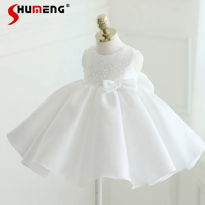 

Праздничное детское платье принцессы на первый день рождения, роскошное платье для малышей, белое свадебное платье для девочки-цветочницы с милым бантом