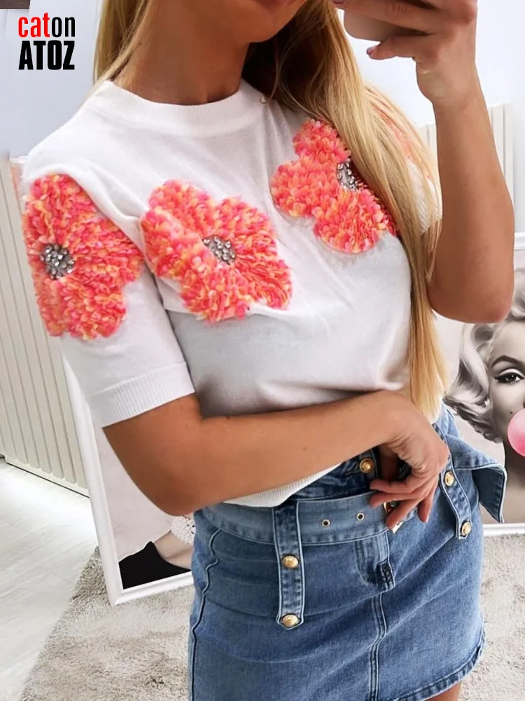 

2024 New 3D Flower Knitted T-shirts Tops For Women Holiday Short Sleeves Loose Sweater Female Clothing 3068