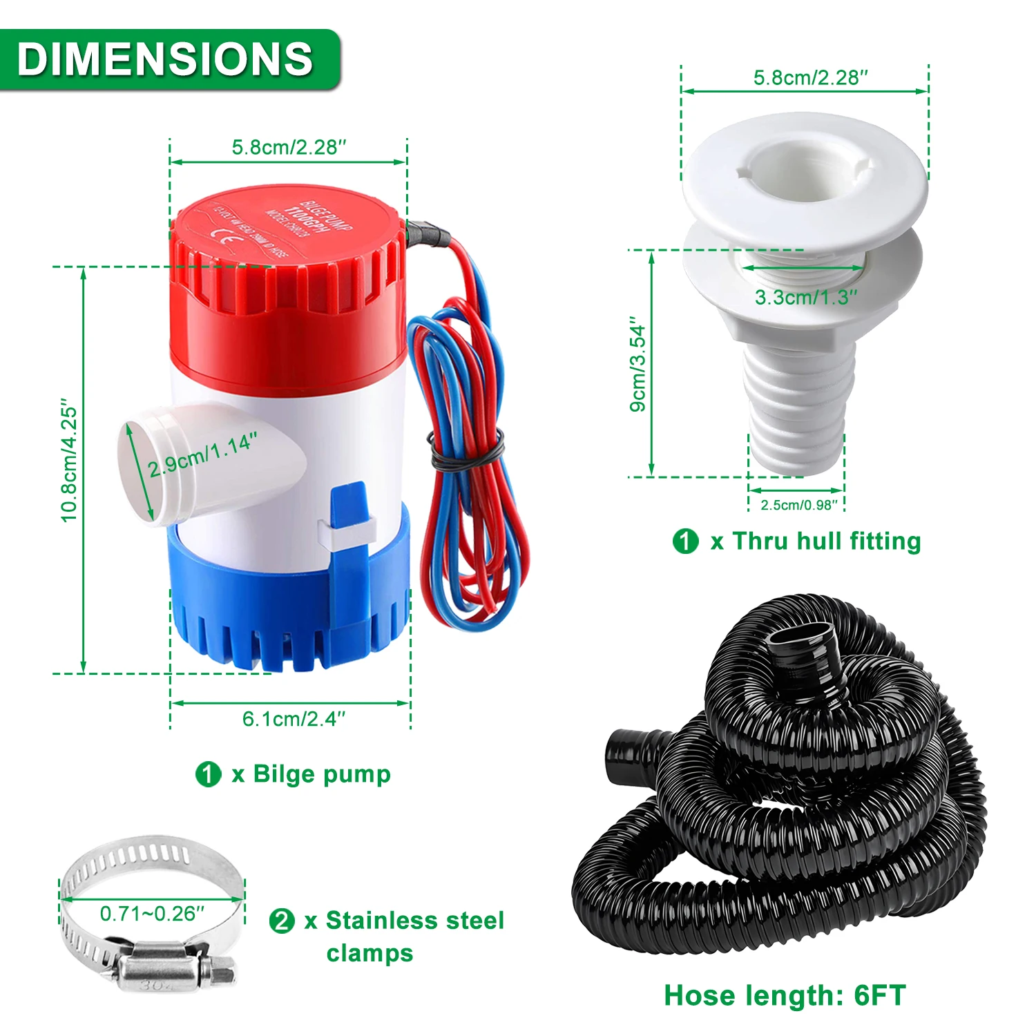 Pompa di sentina marina 1100GPH Kit idraulico pompa Dia 12V 1-1/8 pollici con tubo flessibile da 6 piedi 2 morsetti e raccordi a scafo passante per Yacht da barca