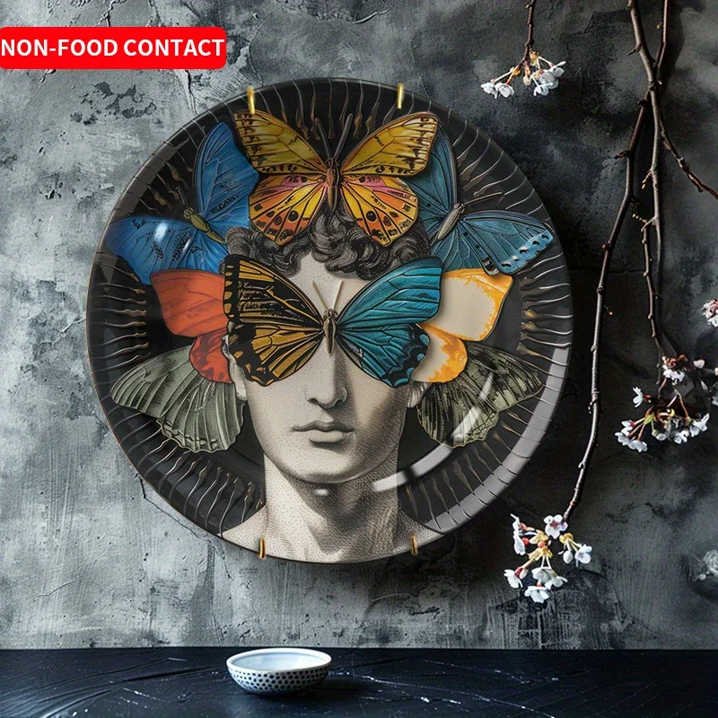 1pc placa decorativa de cerâmica elegante-retrato de mulher com borboletas, arte decorativa de parede de contato sem alimentos ou decoração de mesa