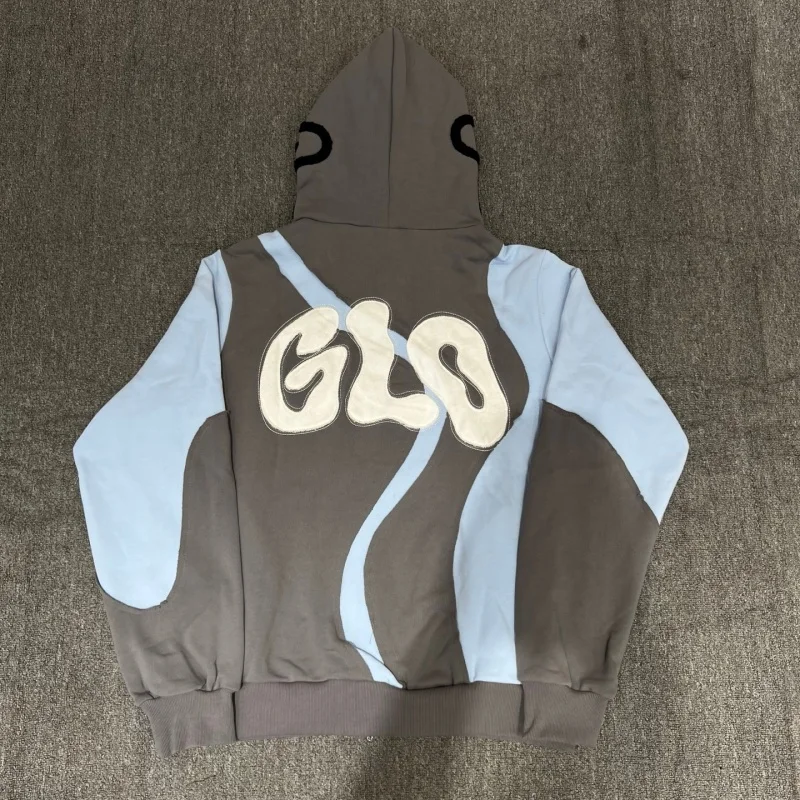 Glo Gang Irregular Patchwork Zip Hoodie Mens Loose Casual Streetwear Pullover with Hood