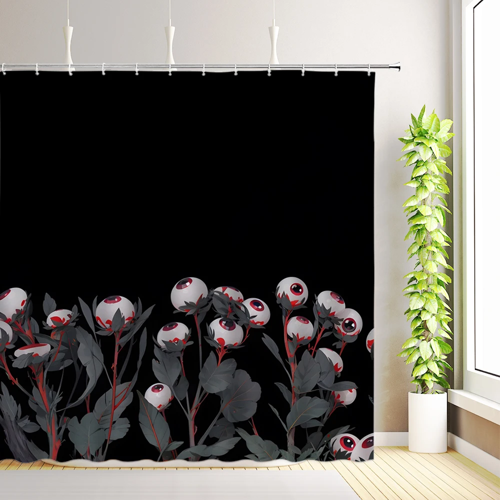 Halloween Shower Curtains Abstract Modern Pink Floral Horror Eye Gothic Spooky Skull Skeleton Bathroom Decor with Hooks