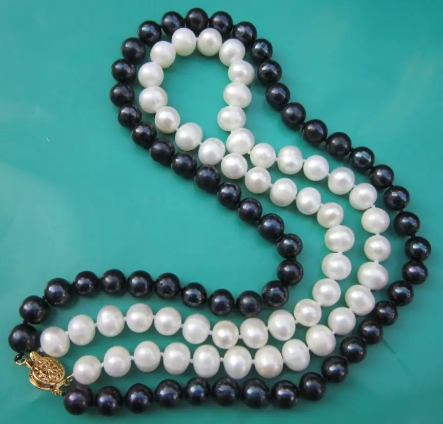 

Selling 2 Rows 7-8mm BLACK WHITE Freshwater PEARL NECKLACE 17-18"AA