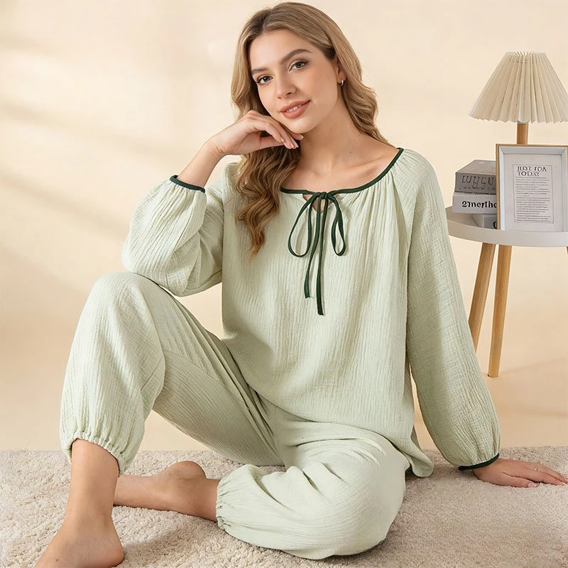 Premium A-Grade 0 Formaldehyde Crinkle 100% Cotton Women's Pajama Set, Breathable Tie-Front Lantern Sleeve Loose Home Loungewear