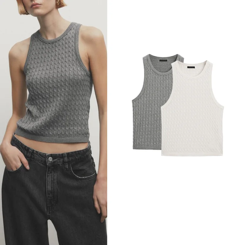 Trendy MD Women's Gray Knitted Twist Vest Sleeveless Basic Style Workwear Tank Top Commute Style Polyester Fiber 2024 Spring