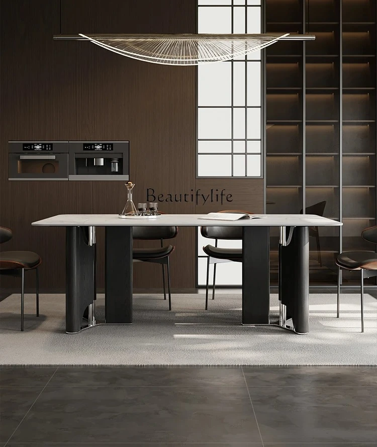 

02Dining table New household stainless steel Modern simple medieval dining table