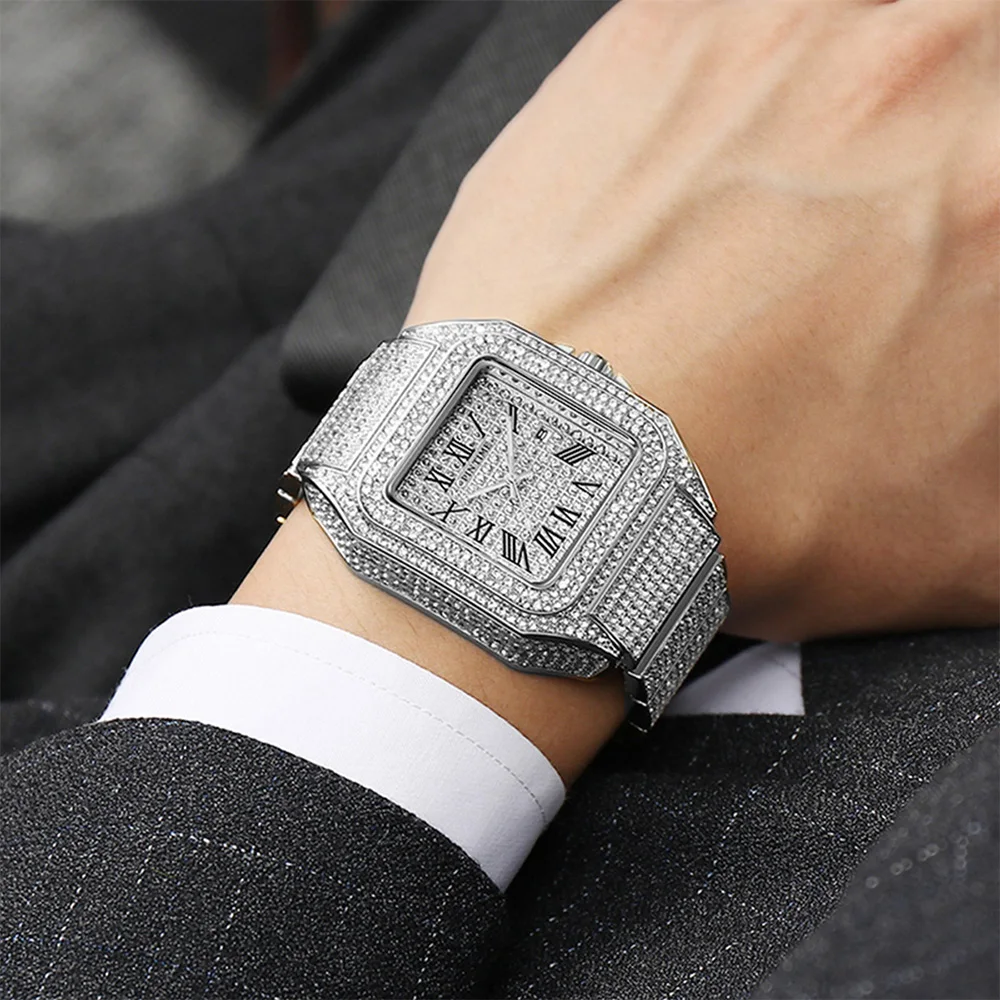 Hip Hop Watch for Men Bling Iced Out Diamond Square Quartz Wristwatch Waterproof 30m Calendar Clock Stainless Steel Montre Homme