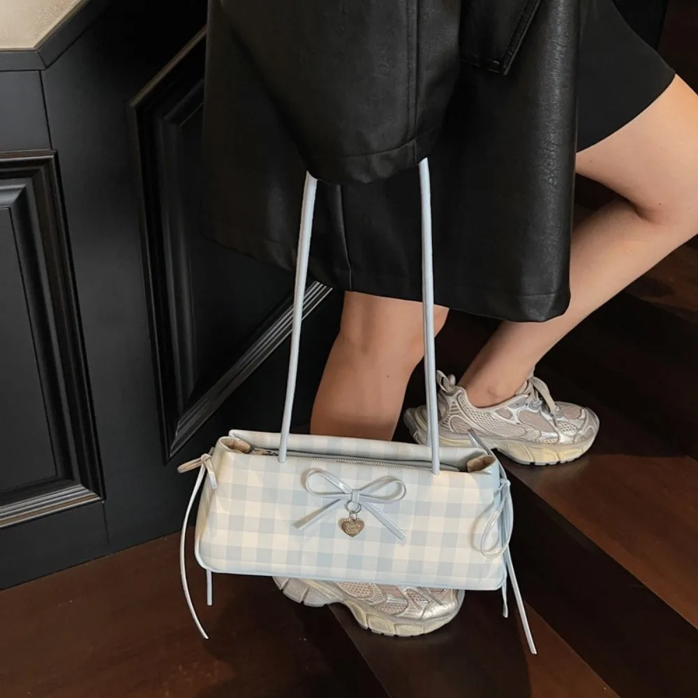 

Fashion Plaid French Stick Handbag Y2K High Quality PU Shoulder Bag Large Capacity Waterproof Bow Underarm Bags Women