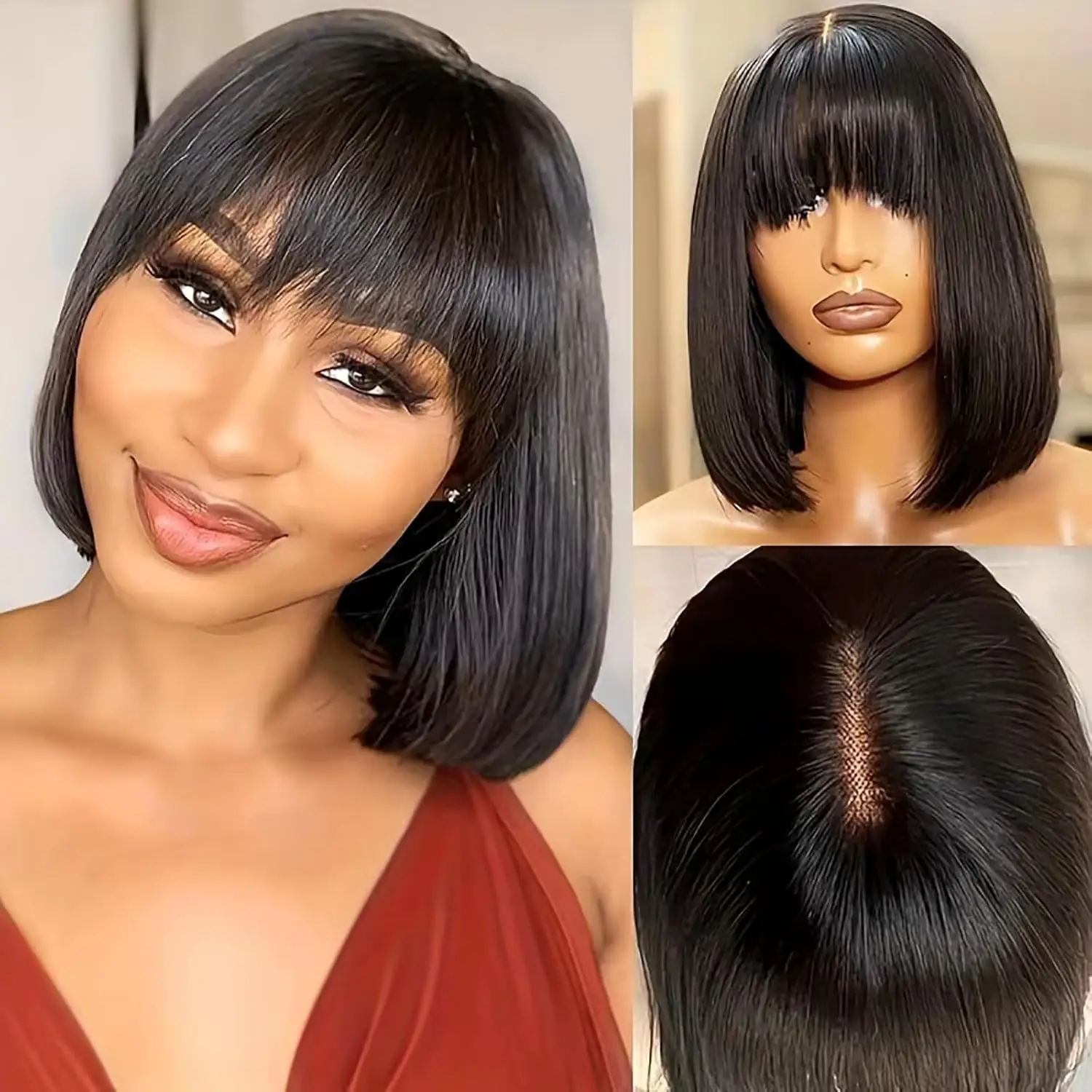 Short Bob Wig With Bangs For Black Women Human Hair Glueless Straight Layered 2X1 Transparent Hd Lace Wigs Natural Black Color