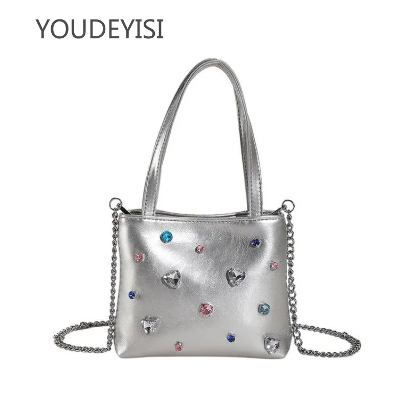 YOUDEYISI Niche Handbag Water Diamond Women\'s Bag Spicy Girl Style Crossbody Tote Bag Ins Silver Phone Bag