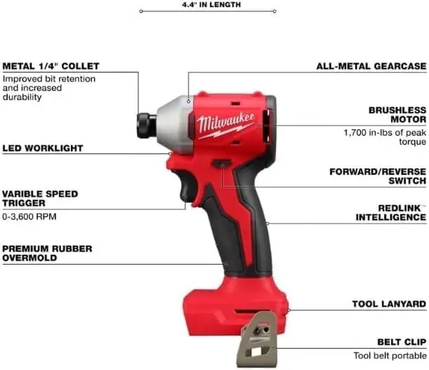 Milwaukee 3650-20 M18 18V Lithium-Ion Brushless Cordless 1/4 in. Compact Impact Driver (Tool Only), Red