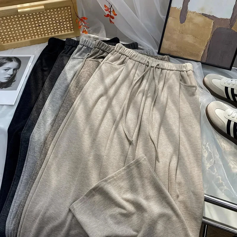 Summer Knit Wide Leg Pants Women Japanese High Waist Drawstring Loose Casual Pants Vintage Streetwear All Match Straight Trouser