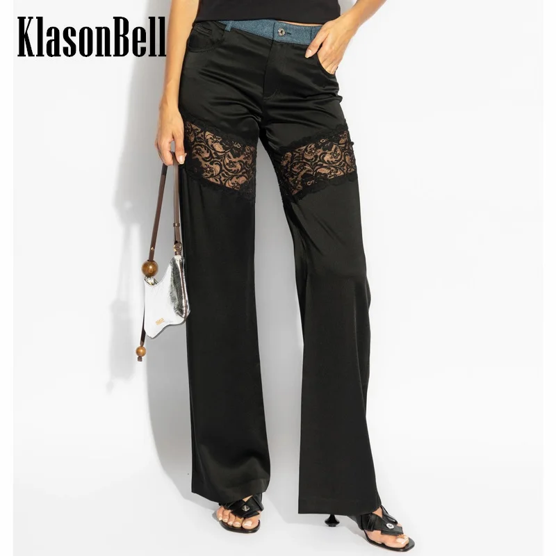 

8.14 KlasonBell Women Fashion Contrast Color Denim Spliced Lace Sheer Print Black Flare Pants High Waist All-matches Trousers