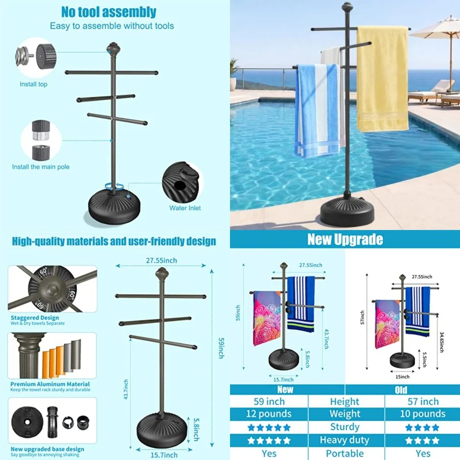 

Pool Towel Rack Outdoor, 59" Aluminum Towel Holder with Wide Stable Base, 6 Adjustable Bars, Pool Furniture, Rustproof Towel Dr