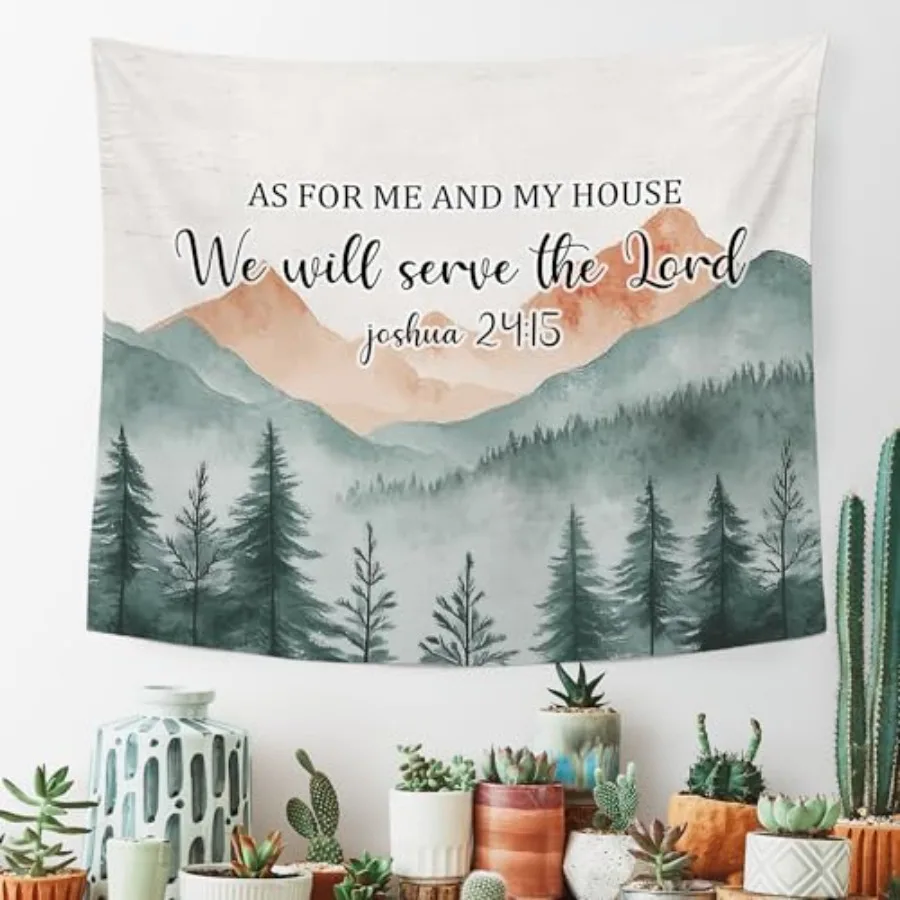 Christian Mountian Wall Tapestry Hanging for Bedroom, Bible Verse Scripture We Will Serve The Tapestries, Watercolor Religious