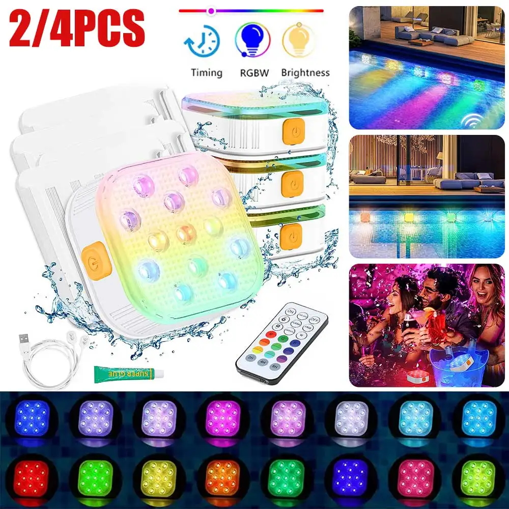 IP68 Underwater Lights LED Submersible Pool Lights RGB Rechargeable Remote Control Swimming Pool Light with Timer Color changing