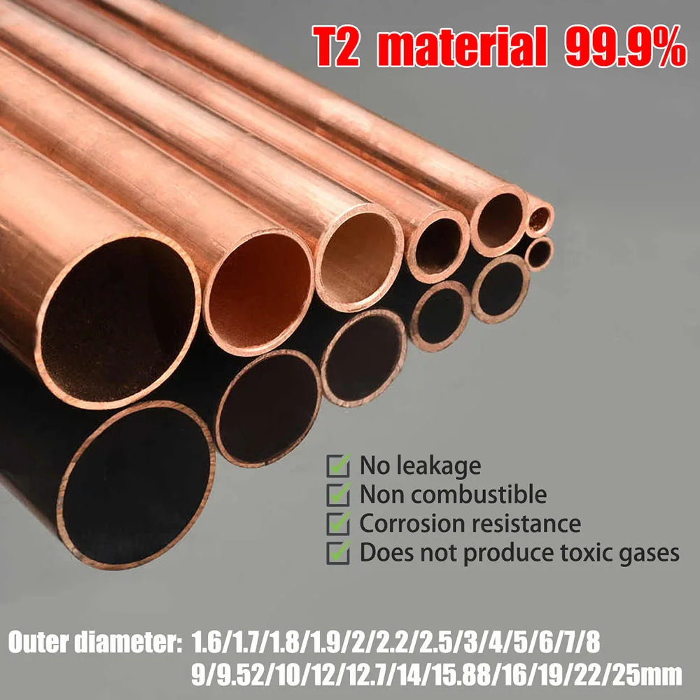 1-10M OD 1.6/1.7/2/3/4/5/6/7/8/9/10/12-25mm Copper Tube Coil 99.9% T2 Pure Coppers Wire Pipe Airs Conditioner Cooling DIY Crafts