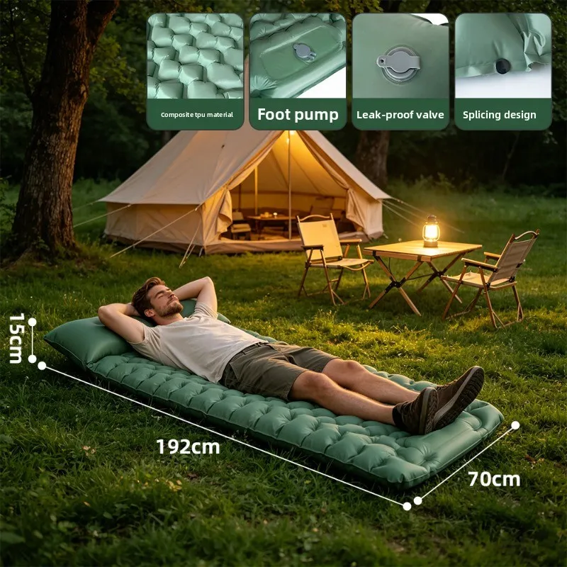 Foot Press Automatic Inflatable Camping Mat, Single Person TPU Air Mattress with Pillow, Outdoor Self-Inflating Sleeping Pad