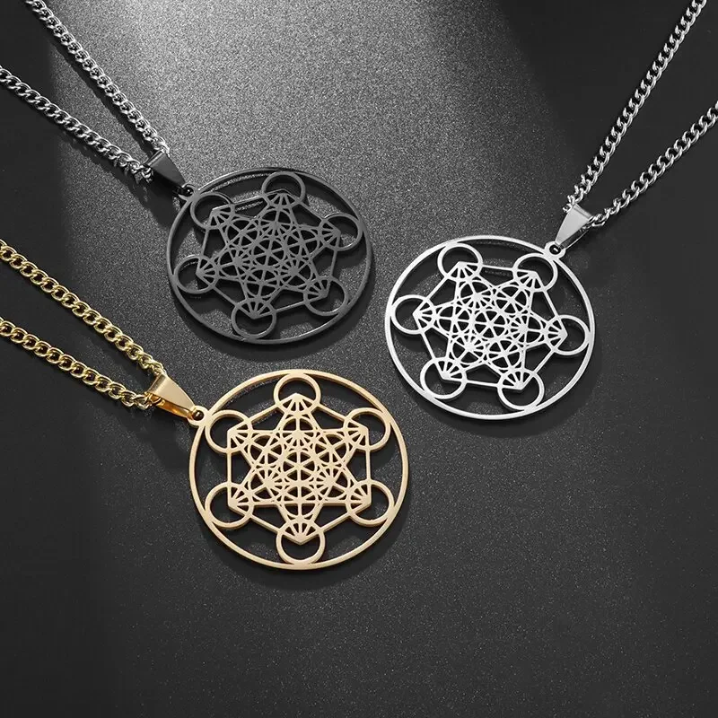 Stainless Steel Flower of Life Chakra Sacred Metatron Necklace Pendant for Men and Women Religious Solomon Amulet Jewelry