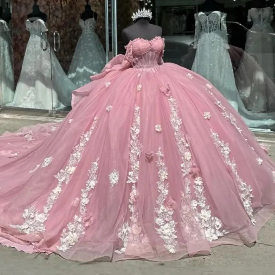 

Pink Shiny Quinceanera Dresses Ball Gown Off The Shoulder Flower Applique Beading Tull Mexico Corset Party Birthday Sweet 16